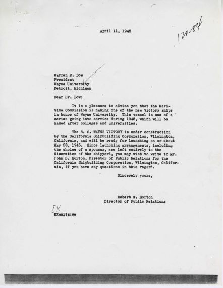 Letter on the Naming of the SS Wayne Victory, 1945